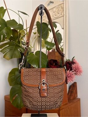 Coach Brown Signature Shoulder Bag with Tan Leather Trim